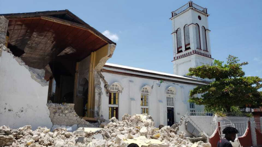 Sacred Heart church is damaged after an earthquake in Les Cayes, Haiti, Saturday, Aug. 14, 2021.