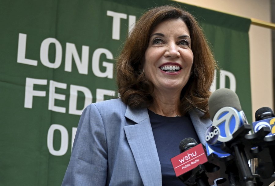 New York Lt. Gov. Kathy Hochul addresses the media after a meeting with Long Island labor leaders in Hauppauge, N.Y., on Friday, Aug. 20, 2021. Hochul is set to take over as governor of the state in a midnight transfer of power on Monday, Aug. 23, following the resignation of Gov. Andrew Cuomo.