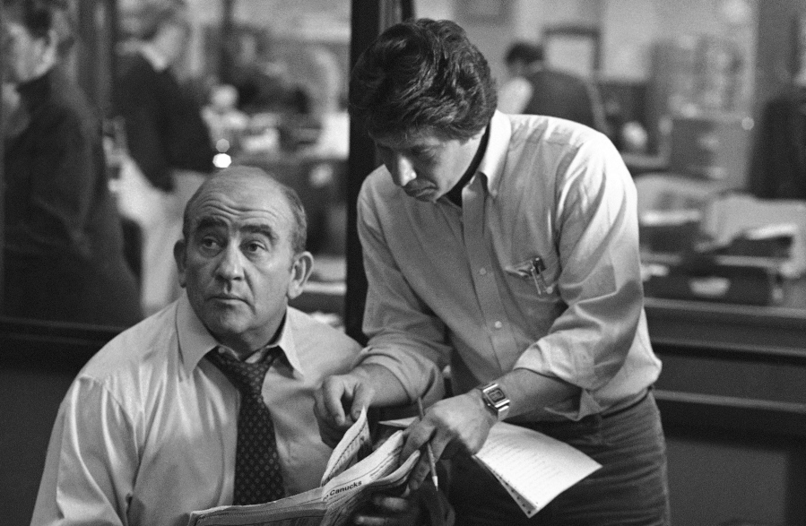 Actor Ed Asner, left, who plays newsman Lou Grant on the CBS television show of the same name, during rehearsal Oct. 22, 1980, at CBS studio in Los Angeles.