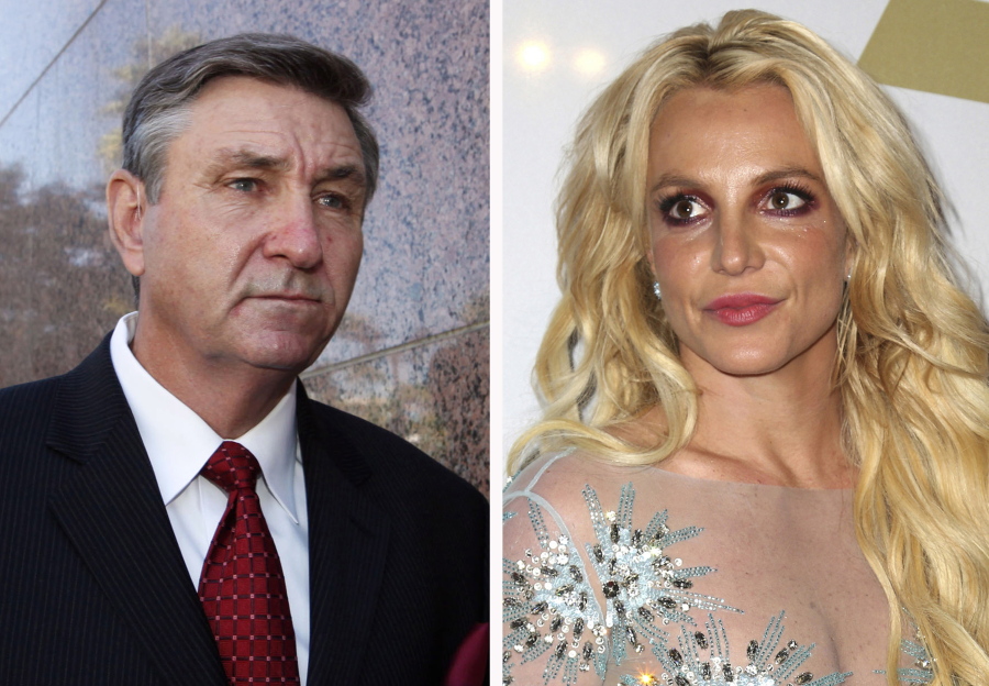This combination photo shows Jamie Spears, left, father of Britney Spears, as he leaves the Stanley Mosk Courthouse on Oct. 24, 2012, in Los Angeles and Britney Spears at the Clive Davis and The Recording Academy Pre-Grammy Gala on Feb. 11, 2017, in Beverly Hills, Calif.. Britney Spears' father agreed Thursday, Aug. 12, 2021, to step down from the conservatorship that has controlled her life and money for 13 years, according to reports. Several outlets including celebrity website TMZ and CNN reported that James Spears filed legal documents saying that while there are no grounds for his removal, he will step down.