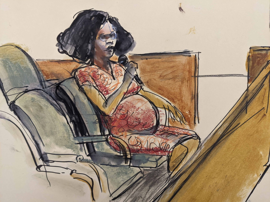 In this courtroom sketch Jerhonda Pace testifies against R&B star R. Kelly during the singer's sex abuse trial Wednesday, Aug. 18, 2021, in New York.