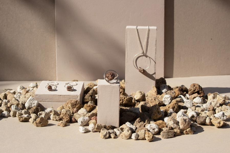 Vikur Studio, founded by artist Agusta Arnarsdottir, offers modern jewelry crafted from pumice found on lava fields around Iceland.