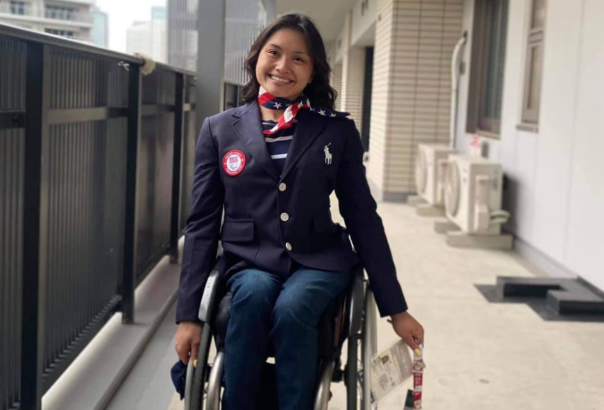 Yen Hoang, a 2015 Evergreen High grad, before the Opening Ceremonies of the Paralympic Games in Tokyo. Sunday, Hoang placed eighth in the finals of the 800 meter wheelchair race.