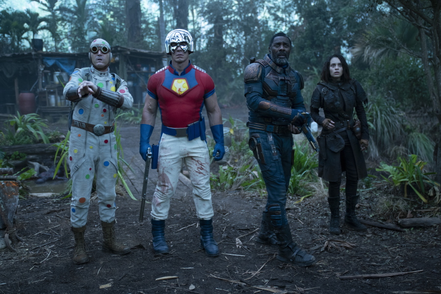 This image provided by Warner Bros. Pictures shows David Dastmalchian, from left, John Cena, Idris Elba and Daniela Melchior in a scene from "The Suicide Squad." (Jessica Miglio/Warner Bros.