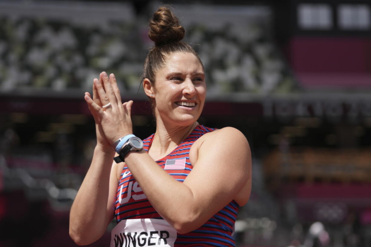 Kara Winger, of United States, competes in qualifications for the women's javelin throw at the 2020 Summer.