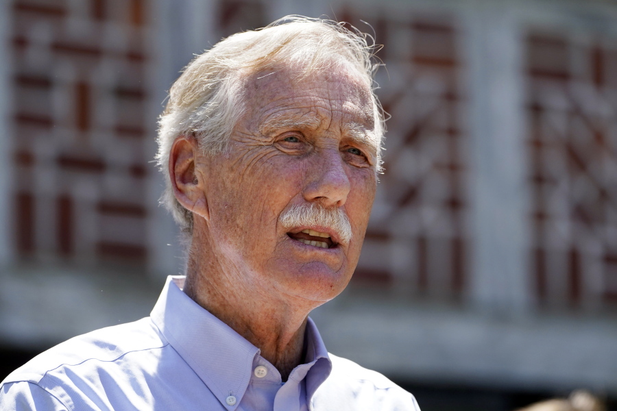 FILE - In this June 18, 2021, file photo, U.S. Sen. Angus King, I-Maine, speaks at Acadia National Park in Winter Harbor, Maine. King tested positive for COVID-19 on Thursday, Aug. 19, 2021, a day after he began feeling under the weather, his office announced. (AP Photo/Robert F.
