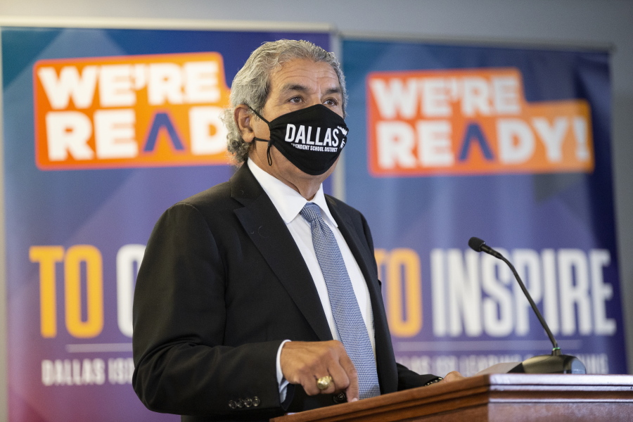 Dallas Independent School District Superintendent Dr. Michael Hinojosa announces that masks will be required at all Dallas ISD schools at DISD headquarters in Dallas, Monday, August 9, 2021.