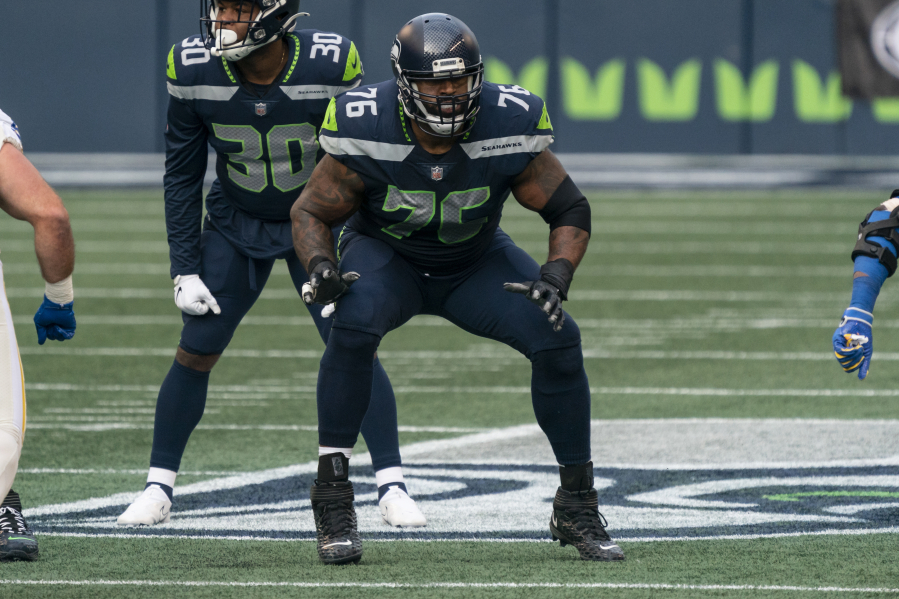 Seattle Seahawks offensive lineman Duane Brown is pictured during the first half of an NFL football game against the Lost Angeles Rams, Sunday, Dec. 27, 2020, in Seattle. The Seahawks won 20-9.