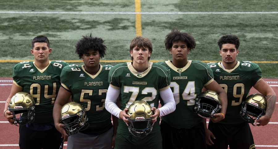 From left, junior Carlos Churape, sophomore Steve Canda III, sophomore Fox Crader, junior Koby Kast and senior David Kailea pose for a portrait at a practice on Wednesday, Sept. 15, 2021, at McKenzie Stadium.