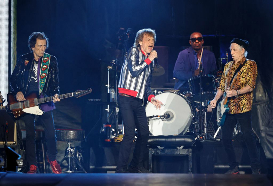 Singer Mick Jagger, center, drummer Steve Jordan, back, guitar players Keith Richards, right, and Ronnie Wood perform Sunday during the Rolling Stones "No Filter" 2021 North American tour at The Dome at America's Center stadium in St. Louis.