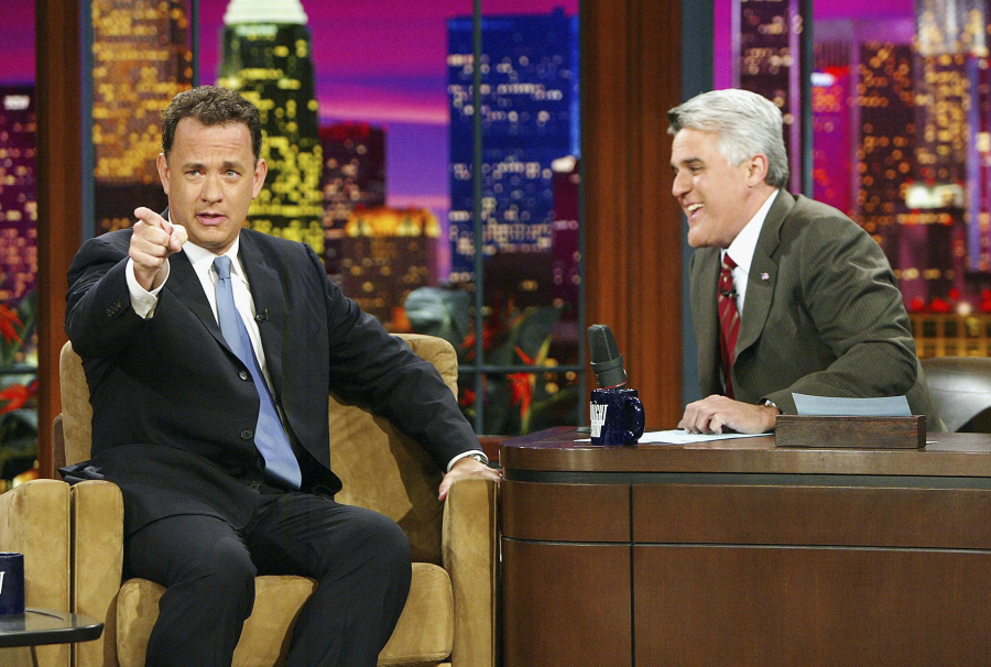 Actor Tom Hanks, left, appears on "The Tonight Show with Jay Leno" at the NBC Studios on June 11, 2004 in Burbank, Calif.