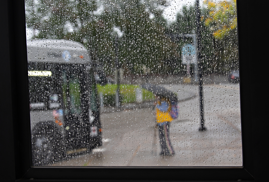 Raindrops collect on the side of a bus shelter at the Fisher's Landing Transit Center as a rider protects themselves from the elements with an umbrella Monday morning. Forecasters predict the rainy fall weather will stick around at least through Tuesday and possibly make an appearance again after a pause on Wednesday.