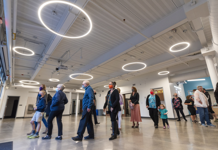 People walk through the common area of Vancouver Public Schools' new Jim Tangeman Center on Wednesday. The building, which serves around 50 students with special needs from kindergarten through 12th grade, opened on Aug. 31.