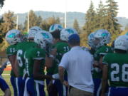 The Mountain View linemen come over to the sidelines during a timeout against Heritage on Friday, Sept.