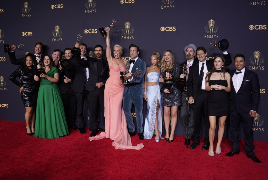 Brett Goldstein, Hannah Waddingham, Jason Sudeikis, Juno Temple and the cast and crew from "Ted Lasso" pose with their awards for outstanding supporting actor in a comedy series, outstanding supporting actress in a comedy series, outstanding lead actor in a comedy series and outstanding comedy series at the 73rd Primetime Emmy Awards on Sunday, Sept. 19, 2021, at L.A. Live in Los Angeles.