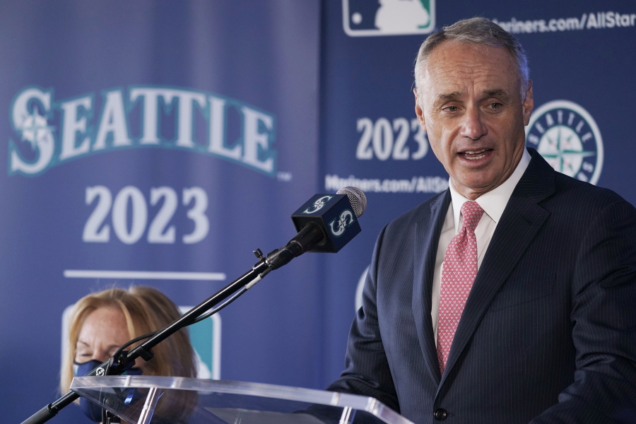 Baseball Commissioner Rob Manfred speaks during a news conference Thursday, Sept. 16, 2021, at the Space Needle in Seattle. Manfred announced that the Seattle Mariners will host the 2023 All-Star Game at T-Mobile Park. (AP Photo/Ted S.