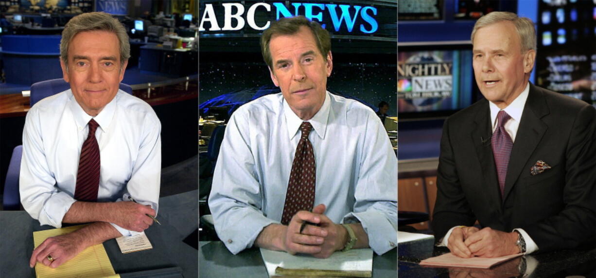 Dan Rather in a CBS studio in New York on Feb. 20, 2001, left, Peter Jennings on the set of ABC's "World News Tonight" in New York on Feb. 5, 2001, center, and "NBC Nightly News" anchor Tom Brokaw delivers his closing remarks during his final broadcast, in New York on Dec. 1, 2004. Most Americans were guided through the events of the day by one of three men: Tom Brokaw of NBC News, Peter Jennings of ABC and Dan Rather of CBS.