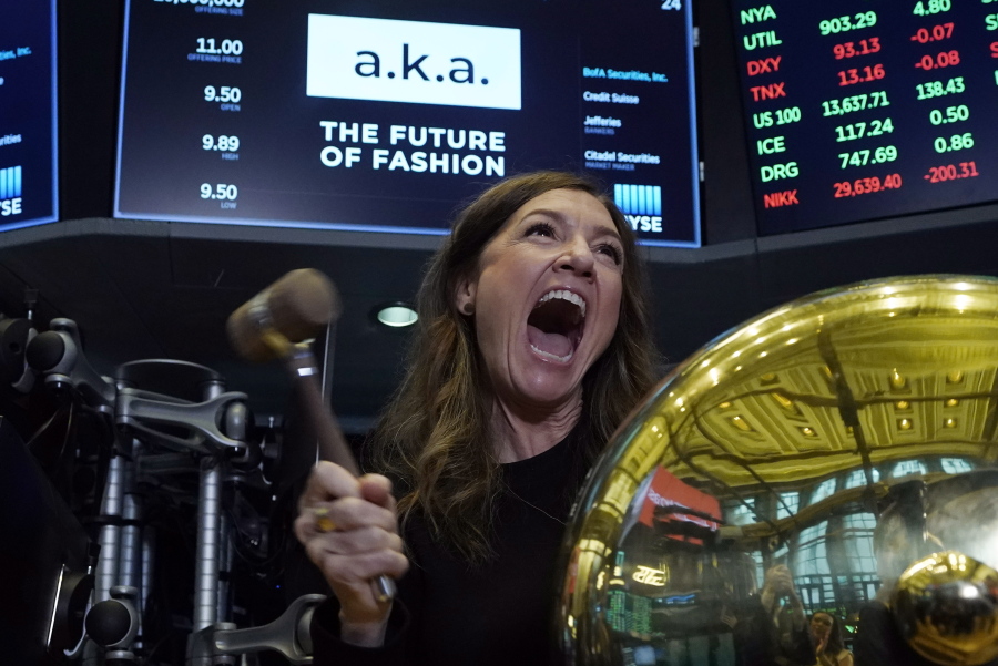 A.k.a Brands CEO Jill Ramsey rings the ceremonial first trade bell as her company's stock begins trading, on the floor of the New York Stock Exchange, Wednesday, Sept. 22, 2021.