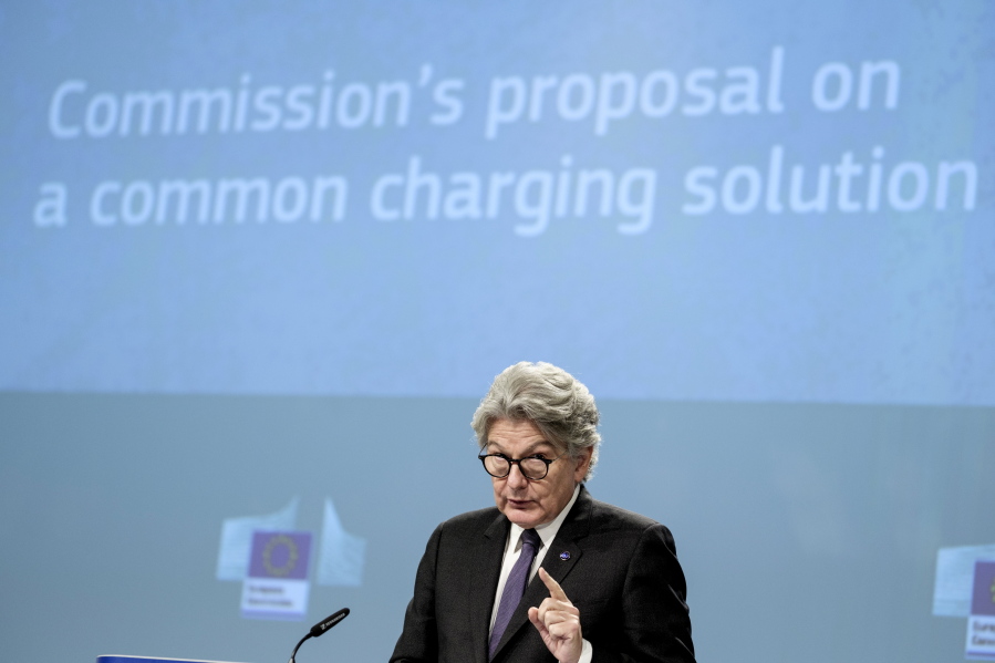 European Commissioner for Internal Market Thierry Breton speaks during a media conference on a common charging solution for mobile phones at EU headquarters in Brussels, Thursday, Sept. 23, 2021. The European Union unveiled plans Thursday that would require smartphone makers to adopt a single charging method for mobile devices.