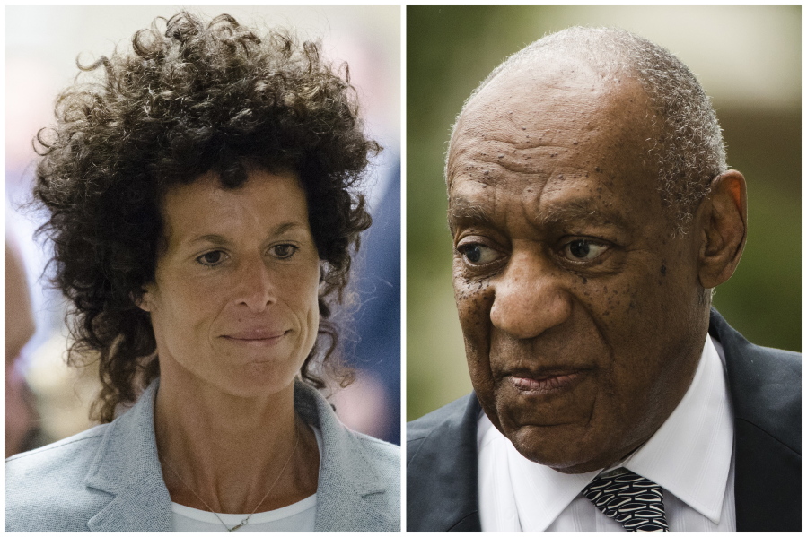 FILE - This combination of file photos shows Andrea Constand, left, walking to the courtroom during Bill Cosby's sexual assault trial June 6, 2017, at the Montgomery County Courthouse in Norristown, Pa.; and Bill Cosby, right, arriving for his sexual assault trial June 16, 2017, at the Montgomery County Courthouse in Norristown. Constand has penned a memoir out Tuesday, Sept. 7, 2021, that offers a view from her seat at the center of the high-profile #MeToo case. "The Moment" debuts amid a stunning turn of events in the case. Prosecutors must decide this month whether to ask the U.S.