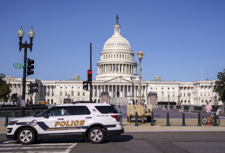 A video surveillance apparatus is seen on the East Front of the Capitol in Washington on Friday as security officials prepare for a Sept. 18 demonstration by supporters of the people arrested in the Jan. 6 riot. (J.