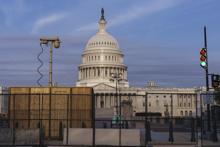 Security fencing and video surveillance equipment has been installed around the Capitol in Washington, Thursday, Sept. 16, 2021, ahead of a planned Sept. 18 rally by far-right supporters of former President Donald Trump who are demanding the release of rioters arrested in connection with the 6 January insurrection. (AP Photo/J.