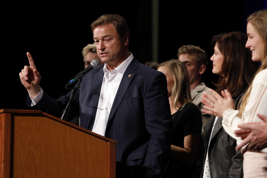FILE - In this Nov. 6, 2018, file photo, Sen. Dean Heller, R-Nev., makes his concession speech during the NVGOP Election Night Watch Party in Las Vegas. Heller plans to announce a bid for governor of Nevada on Monday, Sept. 20, 2021, joining a crowded field of Republican hopefuls vying for a chance to unseat Democratic Gov. Steve Sisolak in 2022.