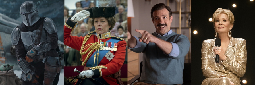 This combination of photos shows, from left, Pedro Pascal in "The Mandalorian," Olivia Colman in "The Crown," Jason Sudeikis in "Ted Lasso" and Jean Smart in "Hacks." (Disney+/Netflix/Apple TV+/HBO Max via AP)