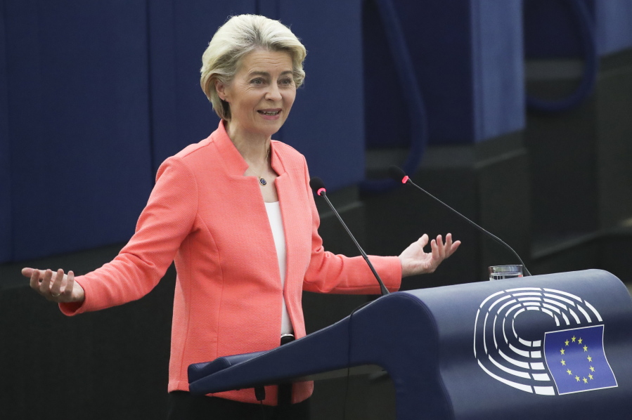 European Commission President Ursula von der Leyen delivers a State of the Union Address at the European Parliament in Strasbourg, France, Wednesday, Sept. 15, 2021. The European Union announced Wednesday it is committing 200 million more coronavirus vaccine doses to Africa to help curb the COVID-19 pandemic on a global scale.