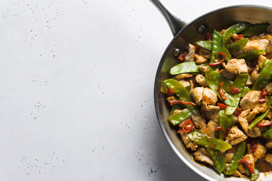 Stir-fried Chicken and Snow Peas. This recipe, with just six ingredients, was inspired by the popular Malaysian dish ayam paprik.