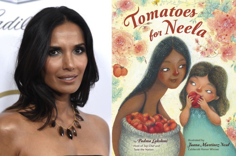 Padma Lakshmi appears at the Producers Guild Awards in Beverly Hills, Calif., on Jan. 19, 2019, left, and  cover art for "Tomatoes for Neela," a children's book written by Lakshmi, with illustrations by Juana Martinez-Neal.  The book mixes the author's memories of cooking with her family with practical food advice, a nod to farmworkers and even a pair of recipes. (AP Photo, left, and ?