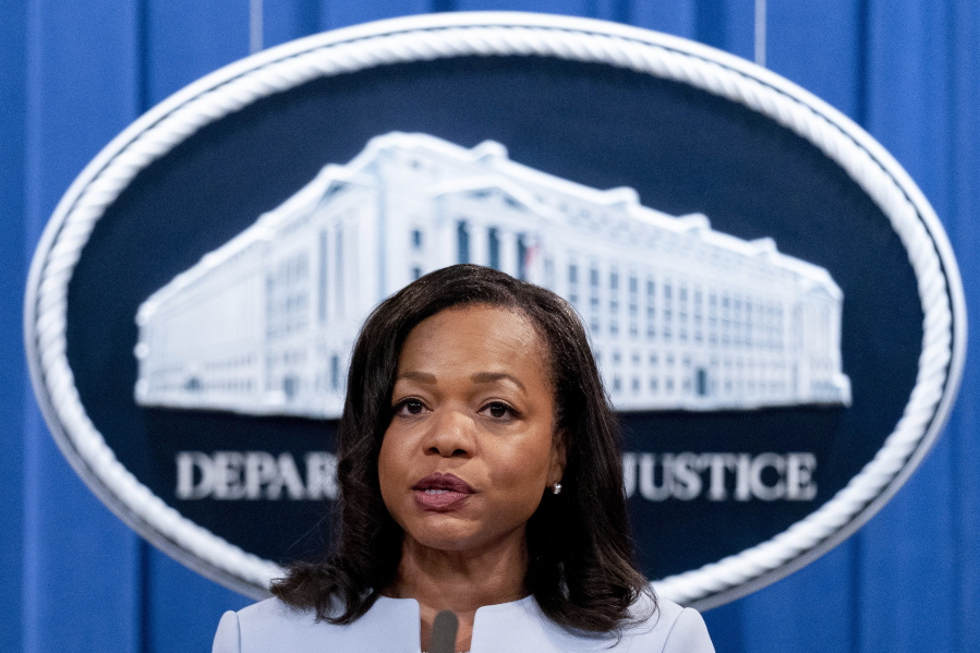 FILE - In this Aug. 5, 2021 file photo, Assistant Attorney General for Civil Rights Kristen Clarke speaks at a news conference at the Department of Justice in Washington.  The U.S. Department of Justice on Tuesday announced a statewide civil rights investigation into Georgia prisons.
