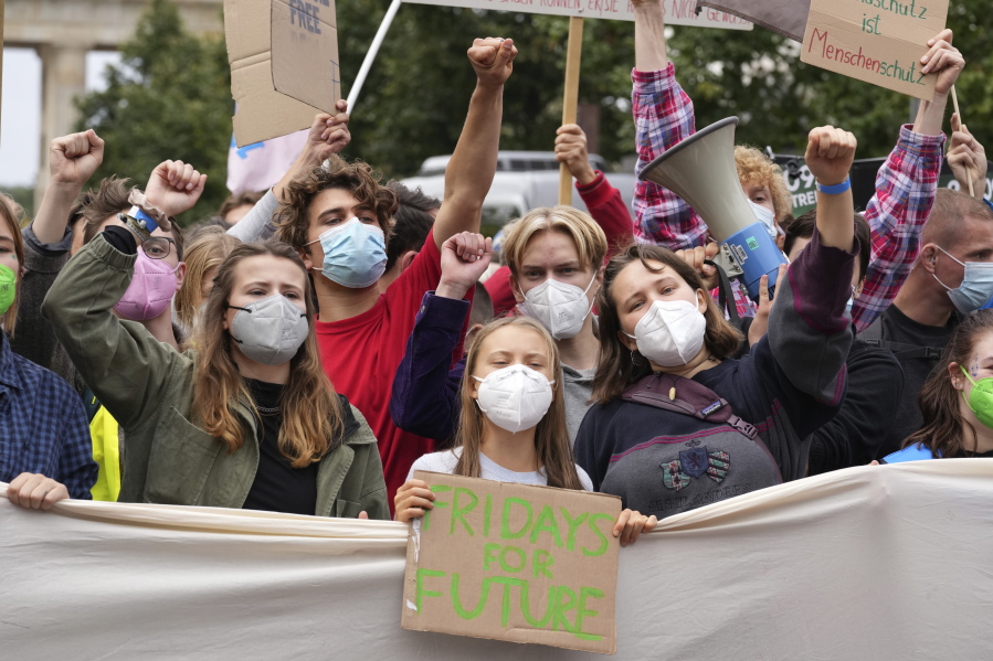 Swedish climate activist Greta Thunberg joins a Fridays for Future global climate strike in Berlin, Germany, Friday, Sept. 24, 2021.