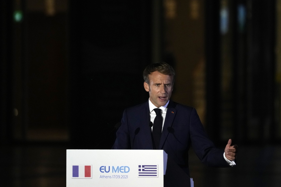 French President Emmanuel Macron makes statements during the EUMED 9 summit at the Stavros Niarchos Foundation Cultural Center in Athens, Friday, Sept. 17, 2021.The leaders of Europe's Mediterranean countries pledged Friday to expand cooperation against climate change, at a meeting in Athens held in the aftermath of massive wildfires that ravaged parts of southern Europe.