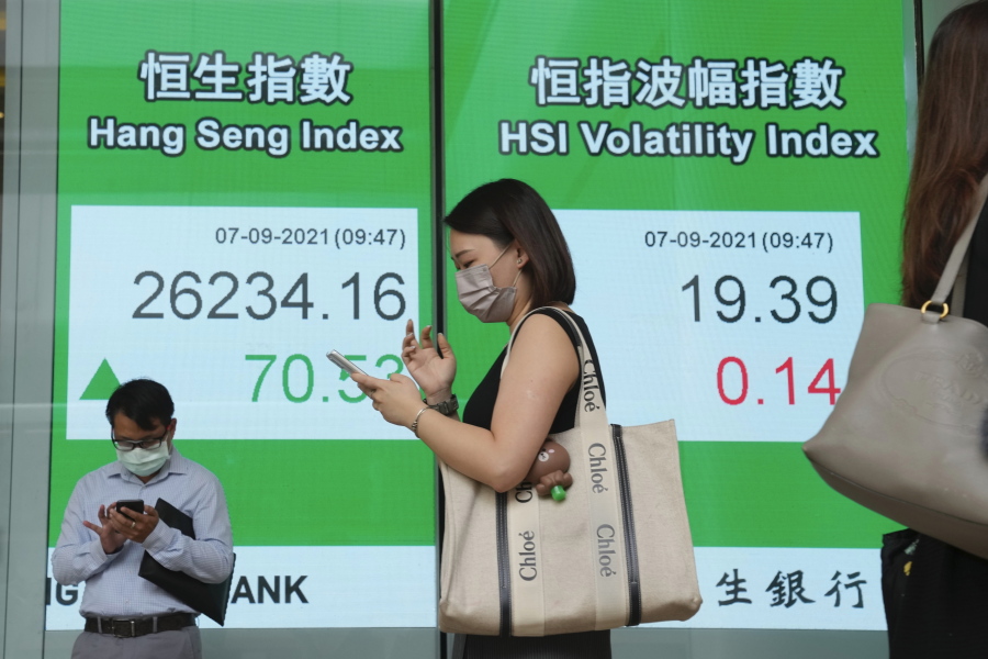 People wearing face masks walk past a bank's electronic board showing the Hong Kong share index in Hong Kong, Tuesday, Sept. 7, 2021. Asian stock markets rose Tuesday as investors watched for decisions from Europe and other central banks about when they might start to wind down economic stimulus.