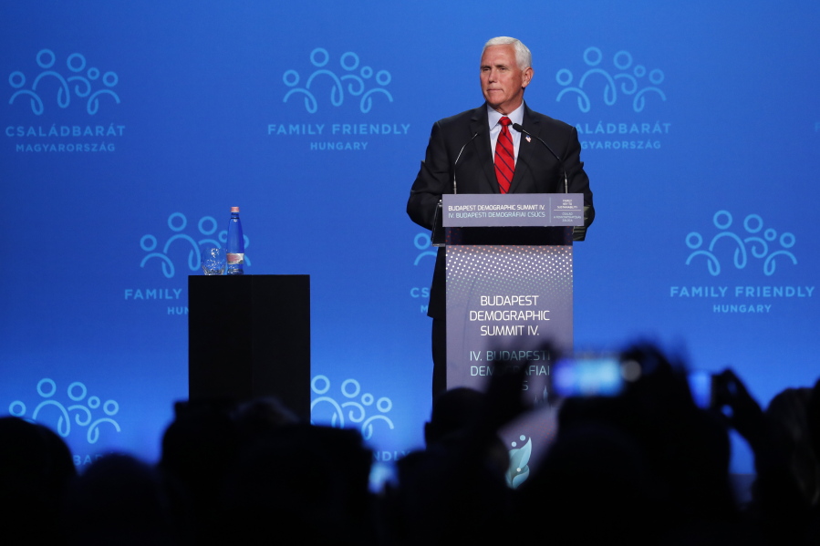Former US Vice President Mike Pence holds a speech during the 4th Budapest Demographic Summit in Budapest, Hungary, Thursday, Sept. 23, 2021. The biannual demographic summit, which was first organized in 2015, offers a forum for "pro-family thinker" decision-makers, scientists, researchers, and church representatives of the same sort to exchange their thoughts about connections between demographics and sustainability.