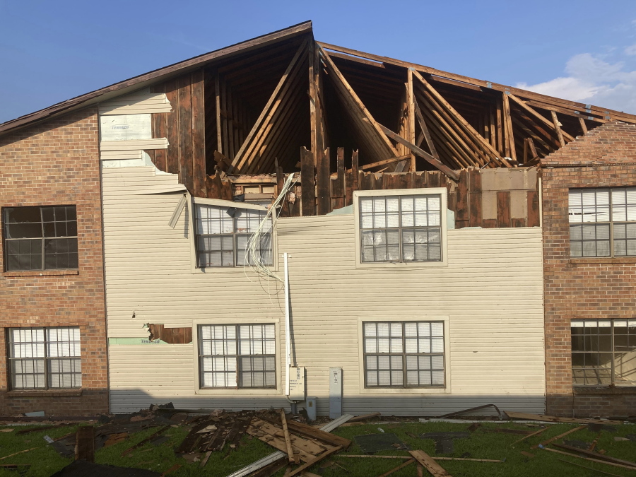 An apartment building in Houma, La., that was damaged by Hurricane Ida is seen, Sunday, Sept. 5, 2021. The storm caused such extensive damage to the buildings in the complex that residents have to move out.