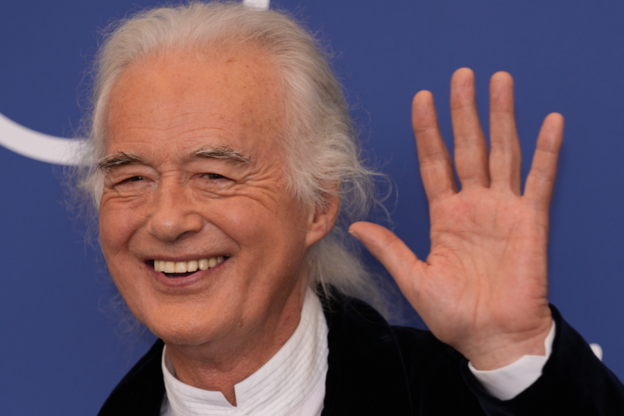 Musician Jimmy Page poses at the photo call of the movie 'Becoming Led Zeppelin' at the 78th edition of the Venice Film Festival at the Venice Lido, Italy, Saturday, Sep. 4, 2021. The festival is on Sept. 1 through Sept. 11.