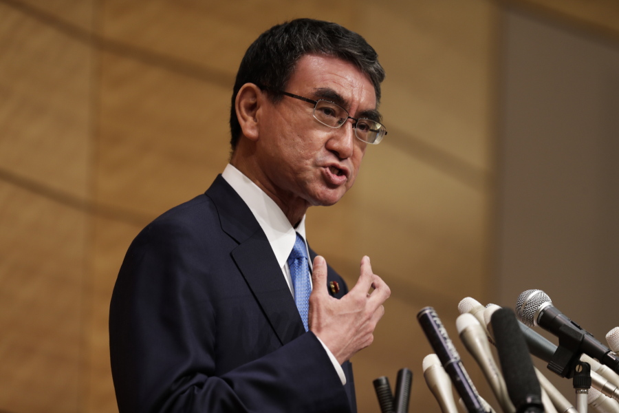 Taro Kono, the Cabinet minister in charge of vaccinations, speaks during a news conference as he formally announces he's running for the leader of the Liberal Democratic Party in Tokyo, Friday, Sept. 10, 2021. The Liberal Democrats and their coalition partner have a majority in parliament, meaning whoever wins the Sept. 29 party vote is virtually guaranteed to become the new prime minister. Current Prime Minister Yoshihide Suga has said he won't run for the leadership of the governing party.