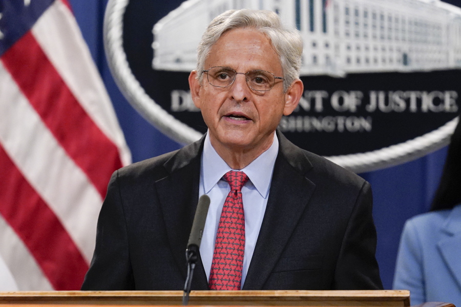 Attorney General Merrick Garland announces a lawsuit to block the enforcement of new Texas law that bans most abortions at the Justice Department in Washington, Thursday, Sept. 9, 2021. (AP Photo/J.