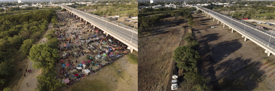 This photo combination shows an area where migrants, many from Haiti, were encamped along the Del Rio International Bridge on Tuesday, Sept. 21, 2021, and a photo showing the area after it was cleared off by authorities, Saturday, Sept. 25, 2021, in Del Rio, Texas.