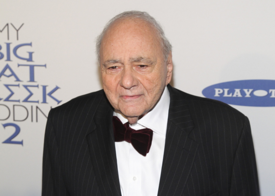 FILE - Michael Constantine attends the premiere of "My Big Fat Greek Wedding 2"in New York on March 15, 2016. Constantine, an Emmy Award-winning character actor who reached worldwide fame playing the Windex bottle-toting father of the bride in the 2002 film "My Big Fat Greek Wedding," died Aug. 31 in his home at Reading, Pennsylvania, of natural causes. He was 94.