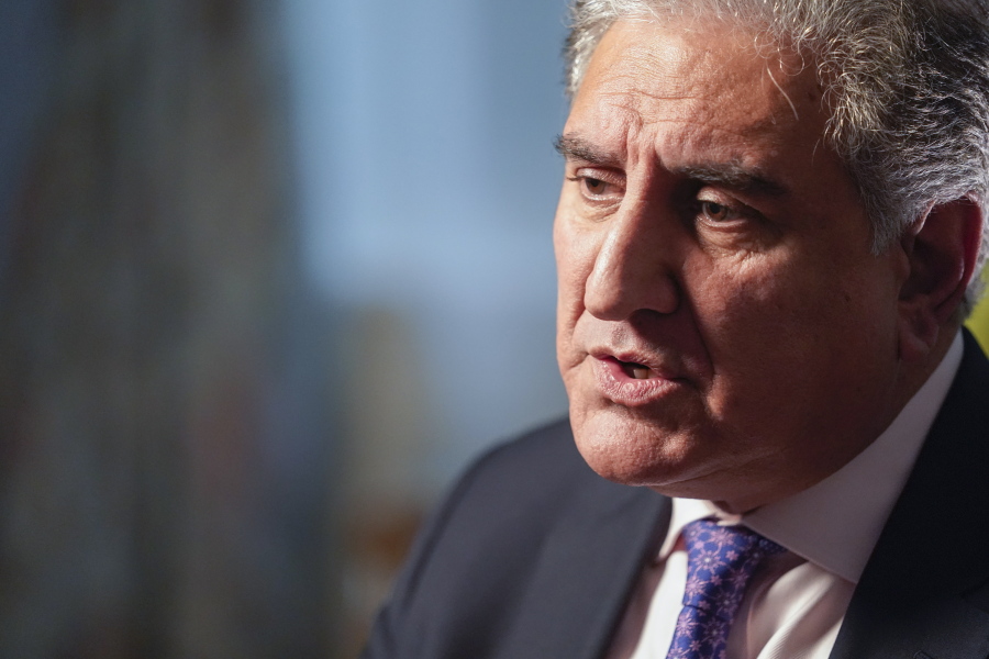 Pakistan's Foreign Minister Shah Mehmood Qureshi speaks during an interview with The Associated Press, Wednesday, Sept. 22, 2021, in New York.