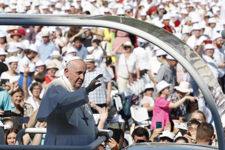 Pope Francis arrives to celebrate a mass for the closing of the International Eucharistic Congress, at Budapest's Heroes Square, Sunday, Sept. 12, 2021. Francis is opening his first foreign trip since undergoing major intestinal surgery in July, embarking on an intense, four-day, two-nation trip to Hungary and Slovakia that he has admitted might be overdoing it.