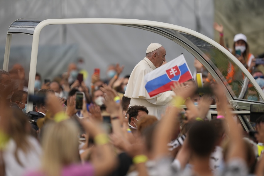 Pope Francis meets with young people at Lokomotiva Stadium in Kos?ice, Slovakia, Tuesday, Sept. 14, 2021. Francis first trip since undergoing intestinal surgery in July, marks the restart of his globetrotting papacy after a nearly two-year coronavirus hiatus.