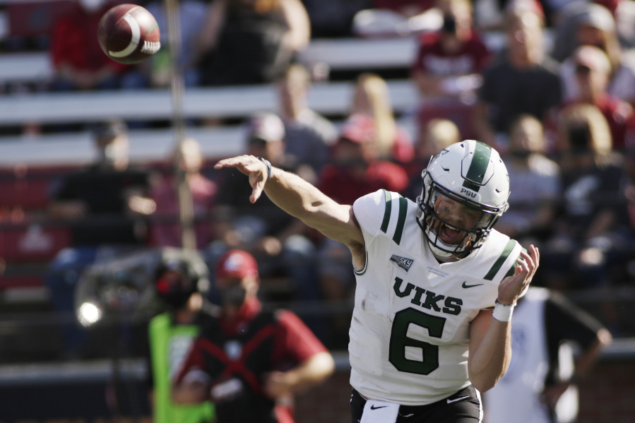 Portland State quarterback Davis Alexander throws a pass during the first half of an NCAA college football game against Washington State, Saturday, Sept. 11, 2021, in Pullman, Wash.
