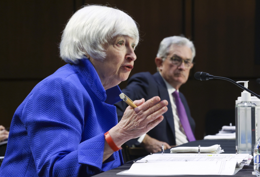 Treasury Secretary Janet Yellen, left, and Federal Reserve Chairman Jerome Powell, appear before a Senate Banking, Housing and Urban Affairs Committee hearing on the CARES Act on Capitol Hill, Tuesday, Sept. 28, 2021 in Washington.
