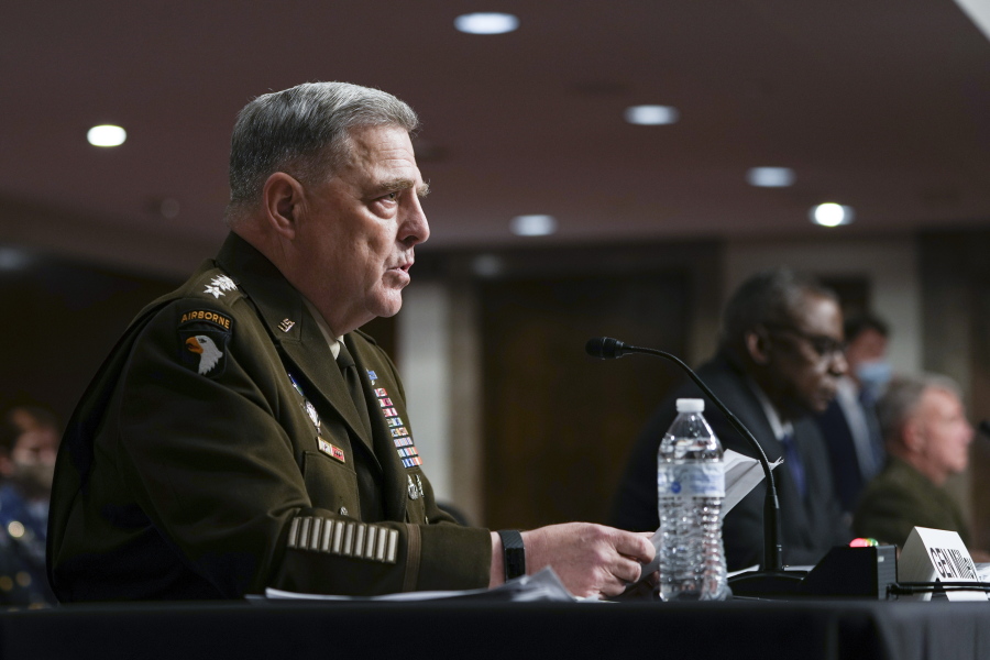 Chairman of the Joint Chiefs of Staff Gen. Mark Milley speaks during a Senate Armed Services Committee hearing on the conclusion of military operations in Afghanistan and plans for future counterterrorism operations, Tuesday, Sept. 28, 2021, on Capitol Hill in Washington..
