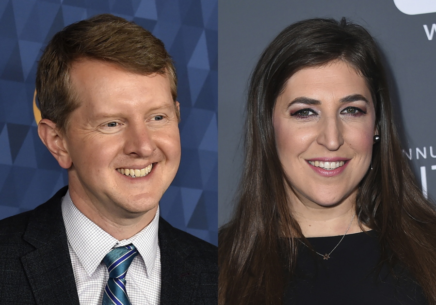 Ken Jennings appears at the 2020 ABC Television Critics Association Winter Press Tour in Pasadena, Calif., on  Jan. 8, 2020, left, and actress Mayim Bialik appears at the 23rd annual Critics' Choice Awards in Santa Monica, Calif., on Jan. 11, 2018. Jennings and Bialik will split "Jeopardy!" hosting duties for the remainder of the game show's 38th season.