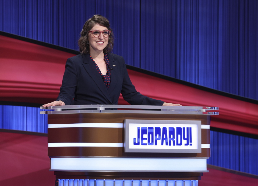 Mayim Bialik hosts the game show "Jeopardy!" on Aug. 24.